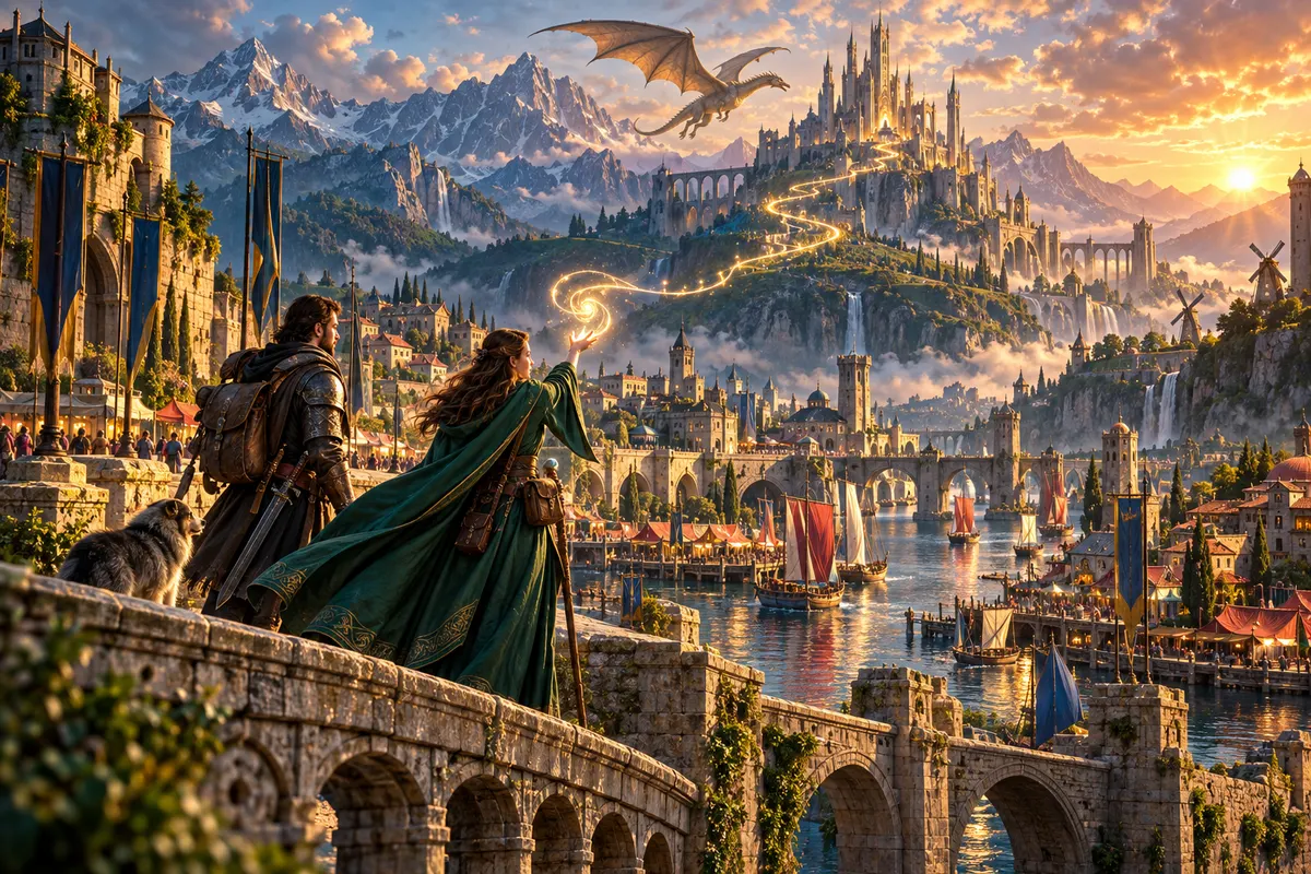 A mage reveals a magical route toward a citadel beneath a soaring dragon.