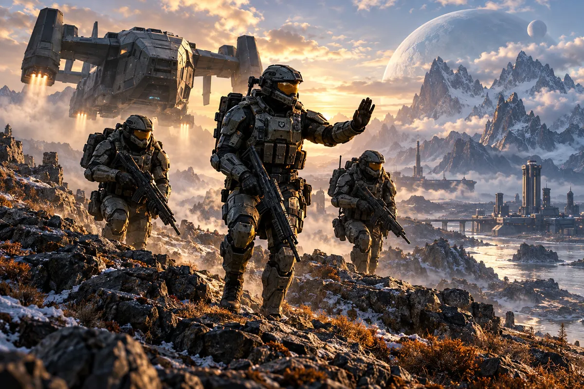 Armored science-fiction infantry advance across an alien landscape beneath a dropship