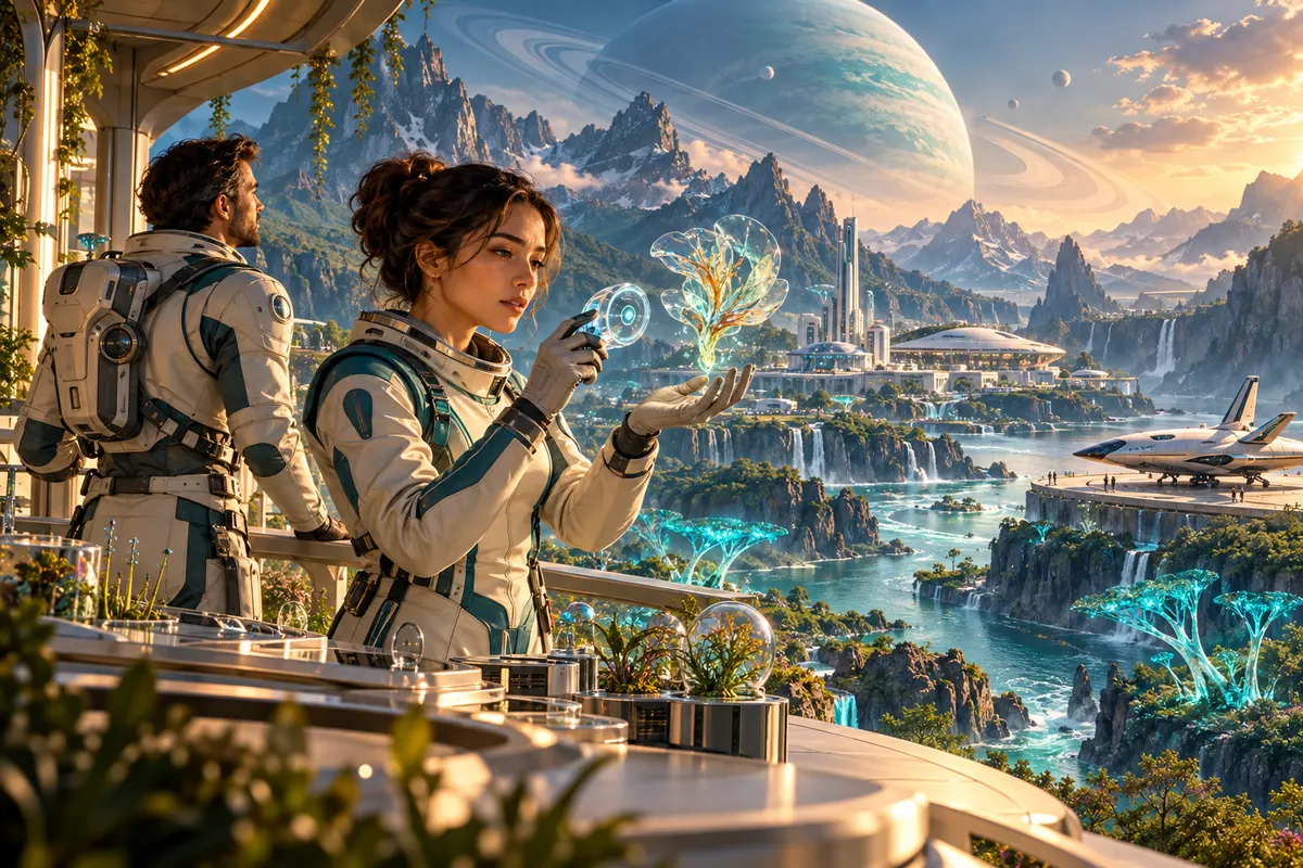 Civilian scientists study alien life above a thriving research settlement.